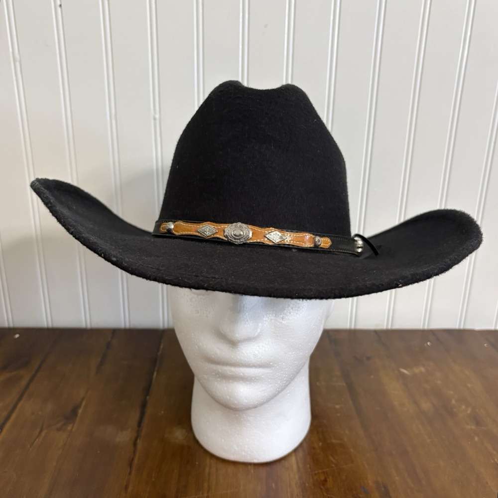 Western Express Inc Black Felt Cowboy Hat Decorative Leather Band Small/Medium